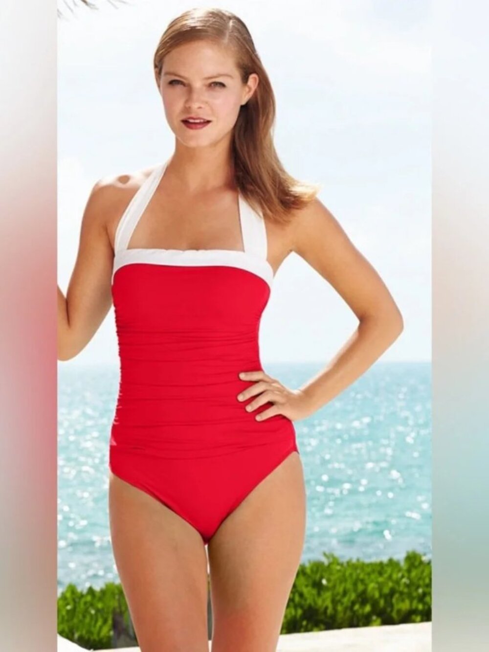 Lauren Ralph Lauren Tummy Control Ruched Halter One Piece Swimsuit Pin-up